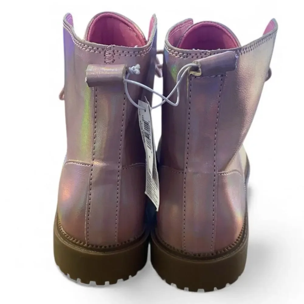 Old Navy Girls Combat Boots Size 4 Shimmer Pink Metallic Lace Up Girl Glam NEW